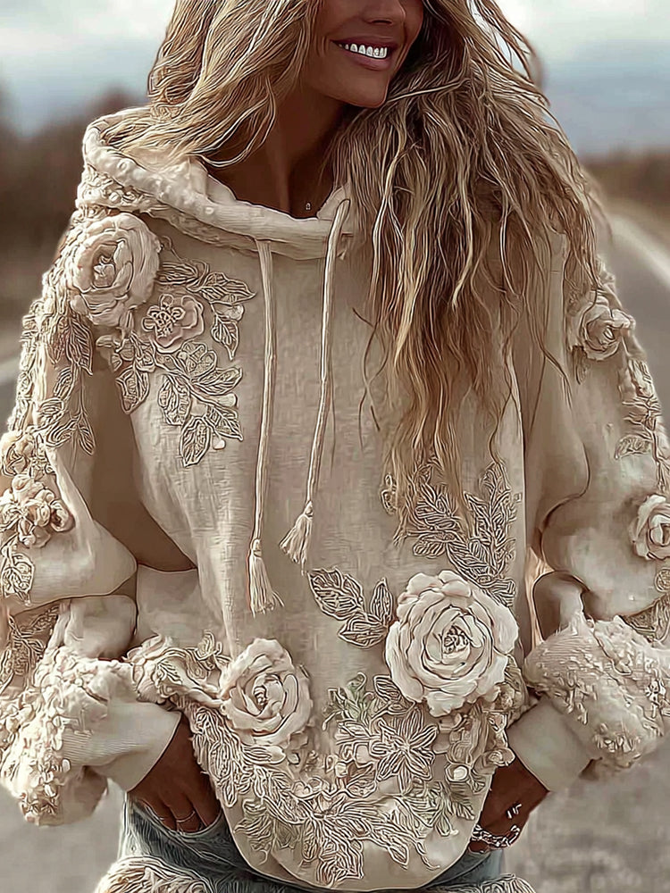 Classic Romantic Pink Rose Embroidery Art Comfy Hoodie