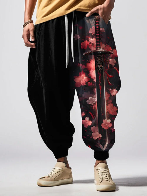 Men's Japanese-Style Sword and Cherry Blossom Print Sweatpants