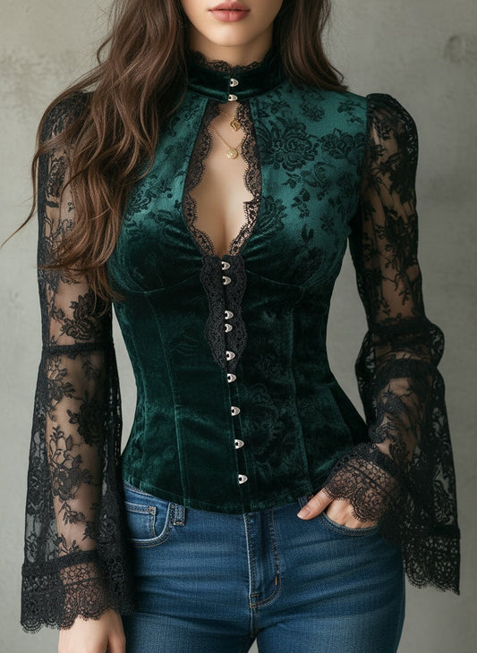 Emerald Victorian Lace and Velvet Blouse