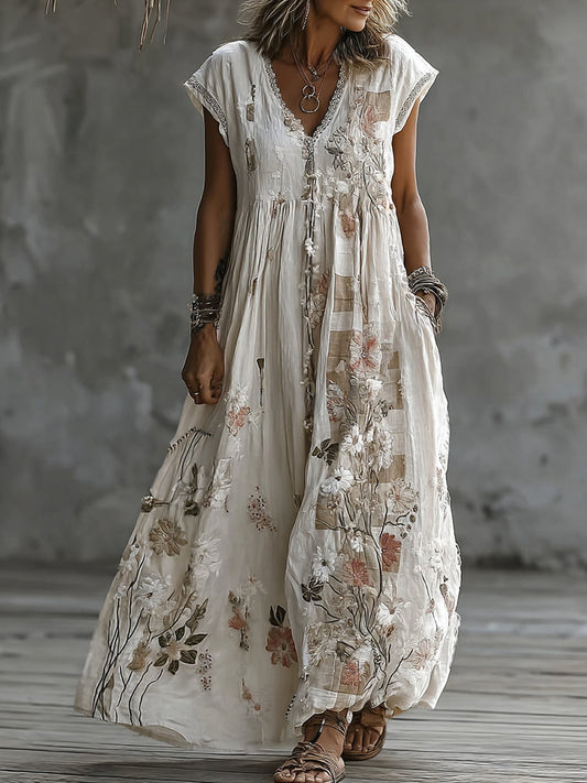 Vintage Floral Embroidery Art and Patchwork V-Neck Maxi Dress