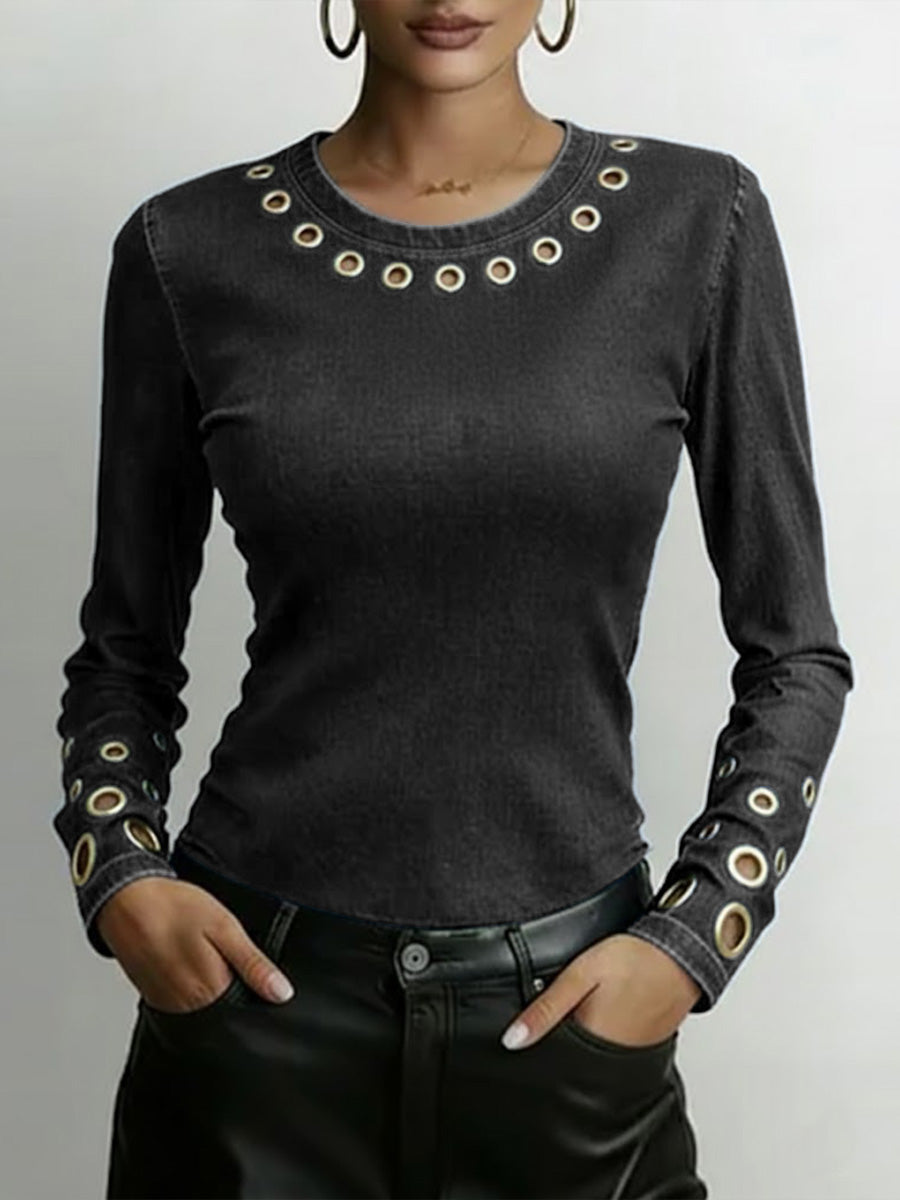 Round Neck Long-Sleeve Faux Denim Stretch Casual Loose Denim Top