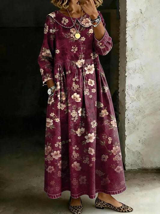 Retro Floral Art Splicing Long-Sleeved Loose-Fitting Casual Denim Dress