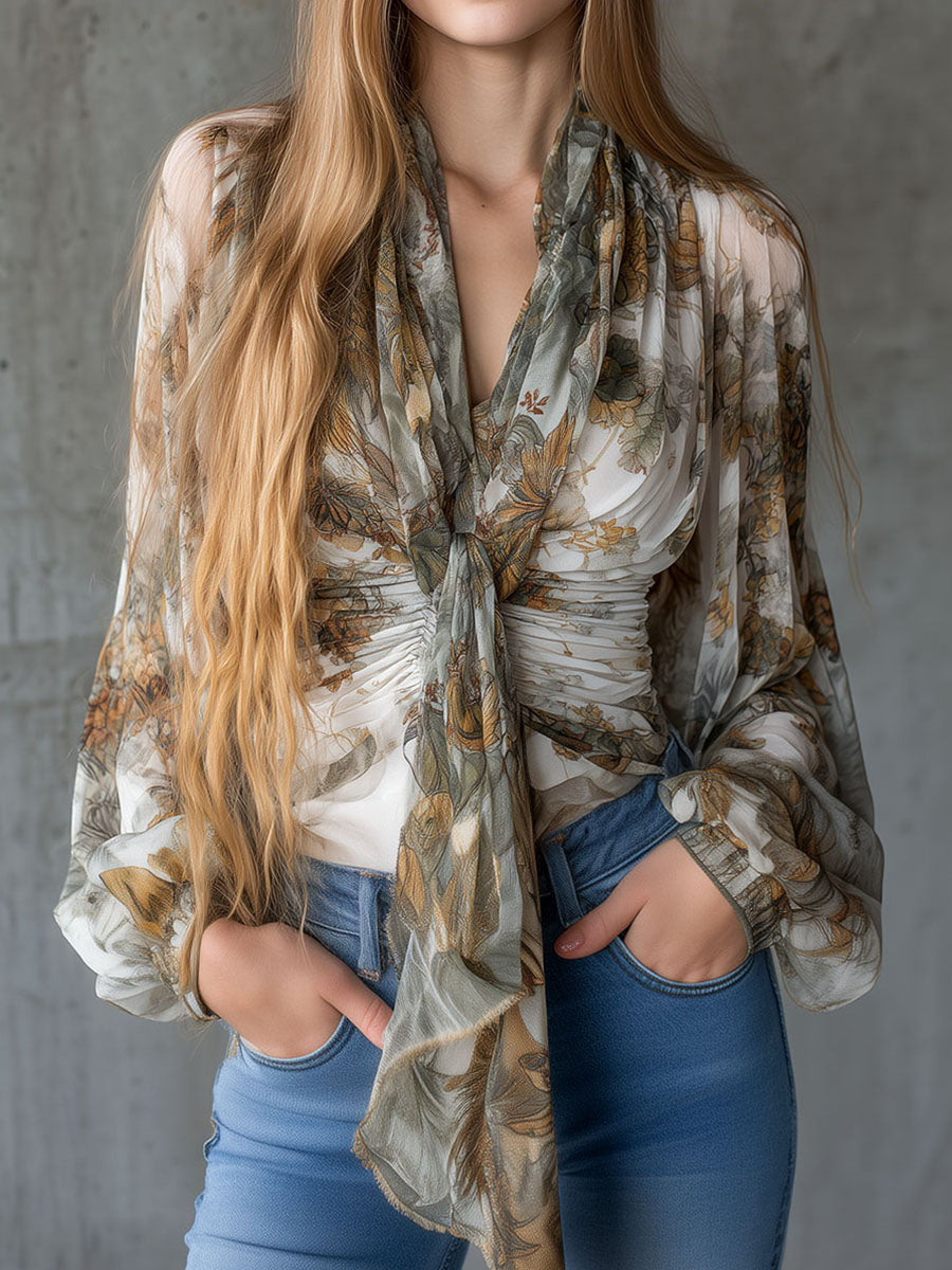 Boho Tie-Neck Floral Chiffon Tie-Neck Blouse with Gathered Waist