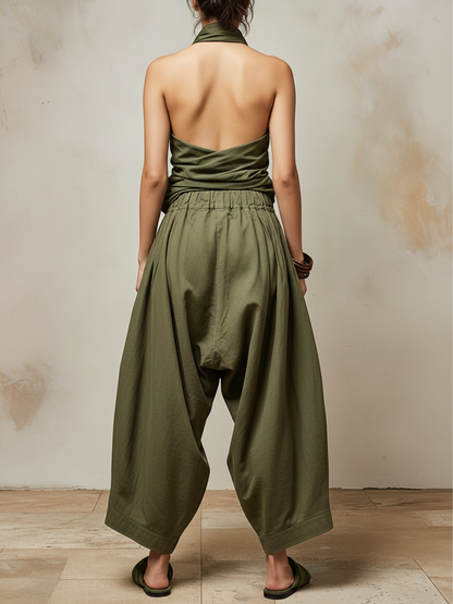 Olive Green Halter Top and Barrel Pants Two-Piece Set