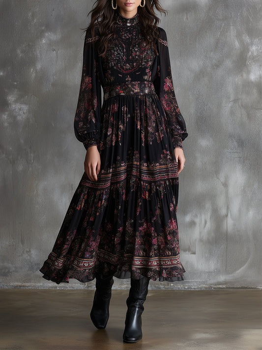 Retro Ethnic Print Pleated Chiffon Ruffle Midi Dress