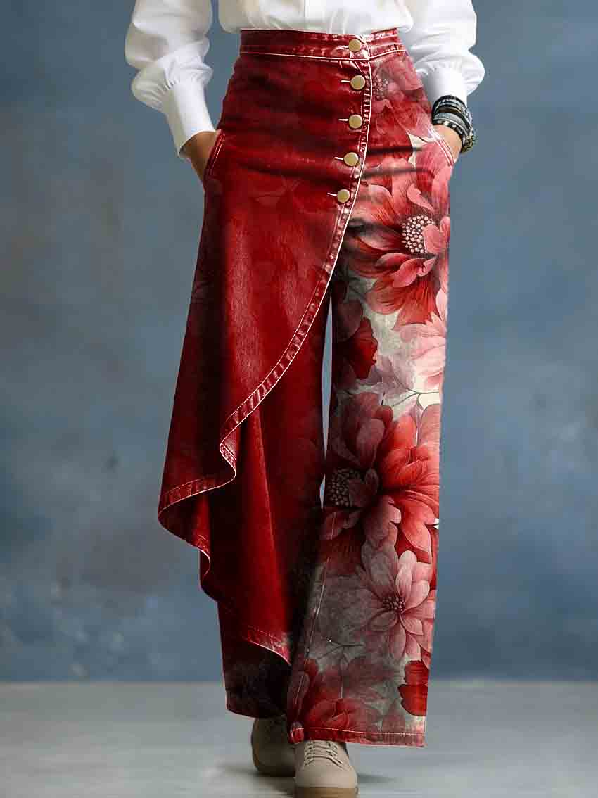 Vintage Red Floral Art Stylish Design High-Waisted Relaxed Fit Wide-Leg Jeans