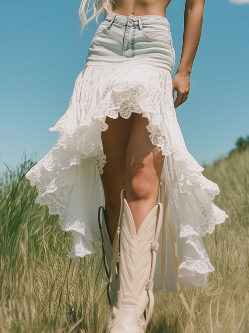 [24-Hour Shipping Out]romantic and Fashionable Short Front and Long Back Lace Patchwork Denim Skirt