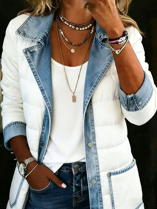 Casual Long-Sleeve Denim Patchwork Cotton-Padded Coat
