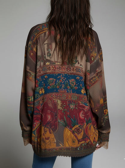 Bohemian-Style Printed Blouse with a Front Zipper and Lace Trim