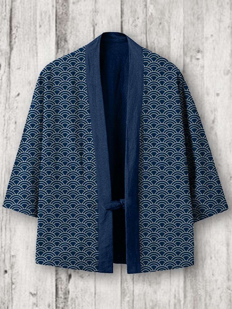 Sea Waves Classic Japanese Pattern Linen Blend Kimono Cardigan