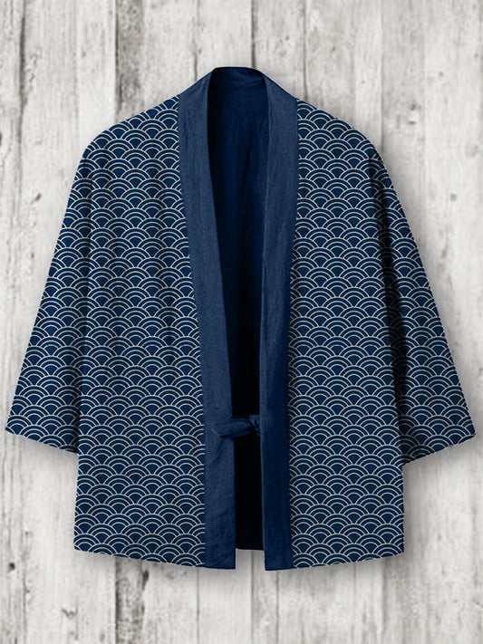 Sea Waves Classic Japanese Pattern Linen Blend Kimono Cardigan