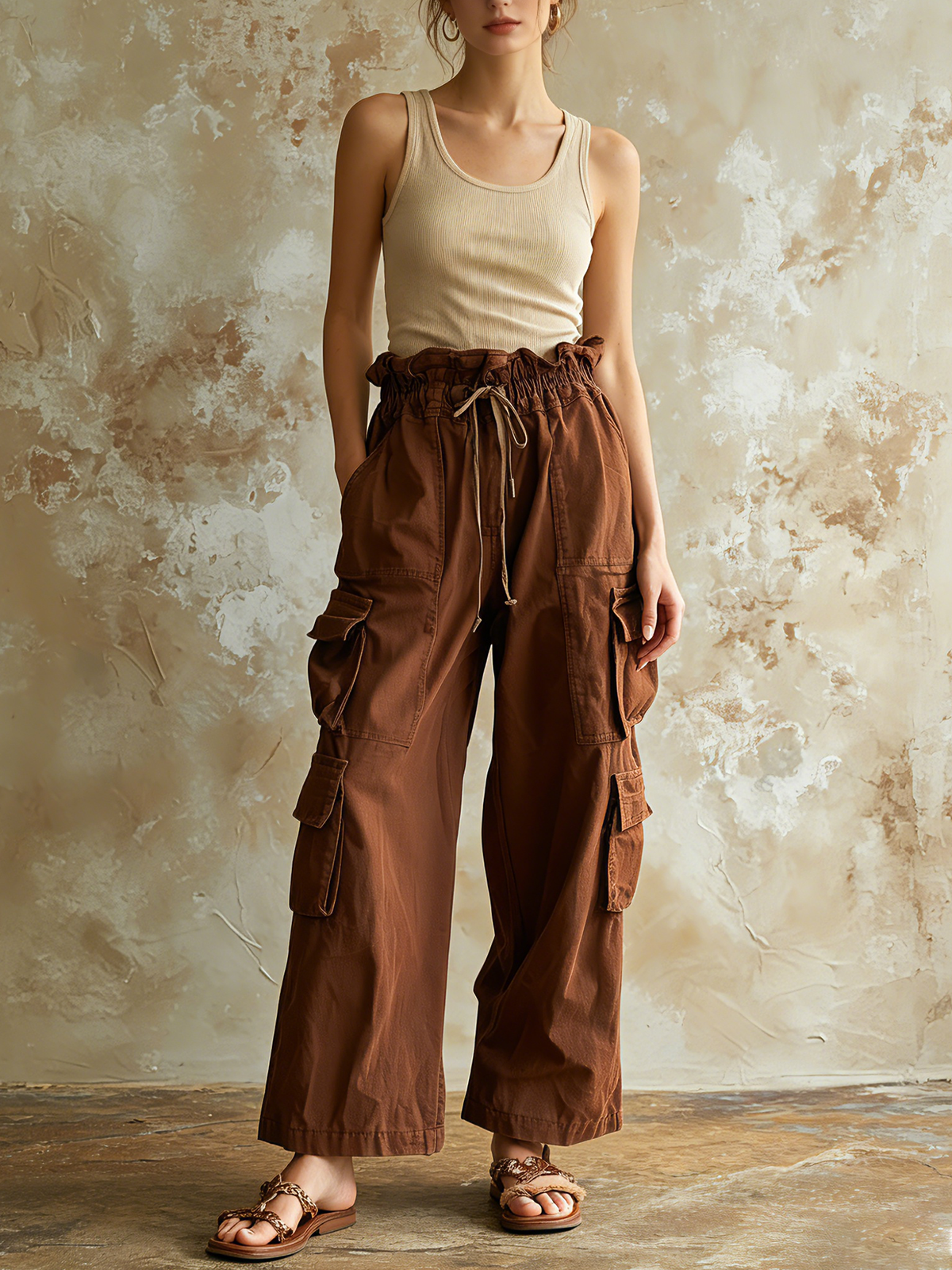 Brown High Waist Wide-Leg Cargo Pants