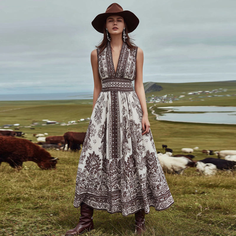 Vintage Western Paisley Print Tank Midi Dress