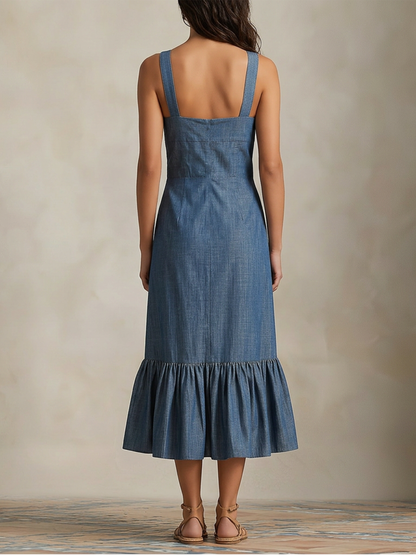 Chambray Denim Button-Front Midi Dress with Ruffle Hem