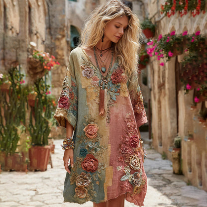 The Ice Cream Collection Classic Bohemian Floral and Rose Gradient Art Linen Long-Sleeve Midi Dress