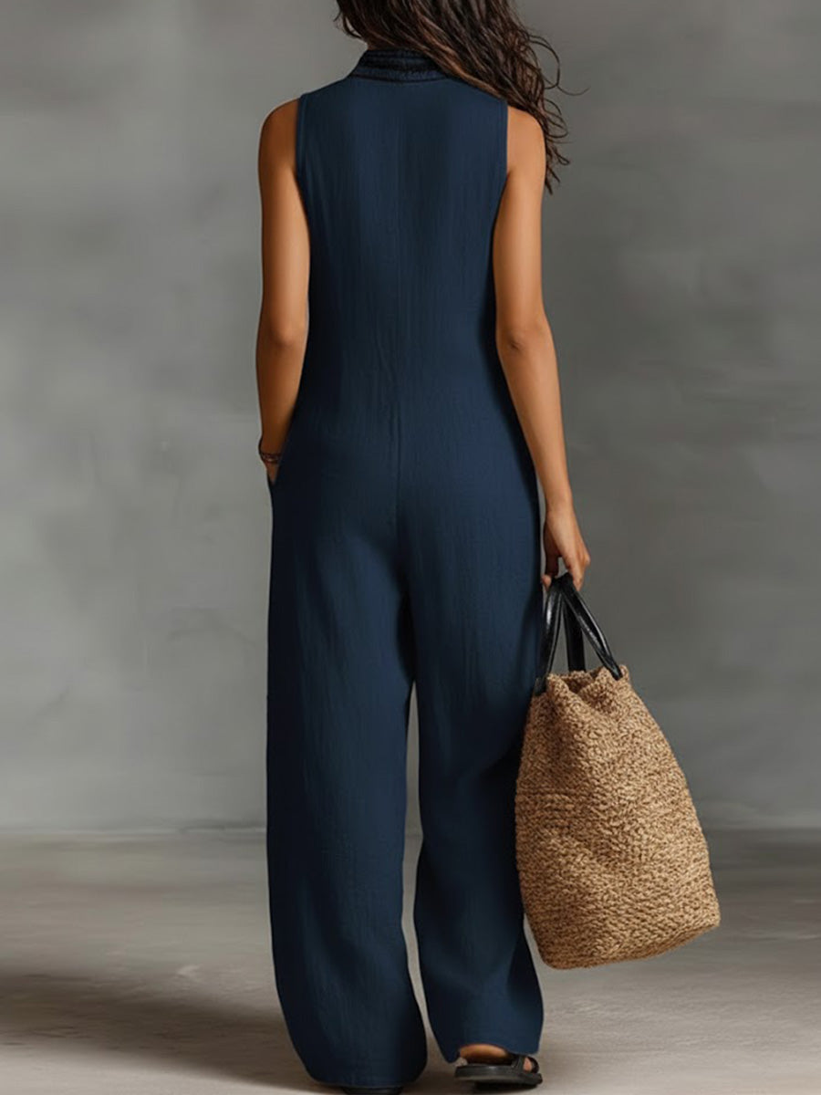 V-Neck Sleeveless Casual Loose Cotton and Linen Jumpsuit