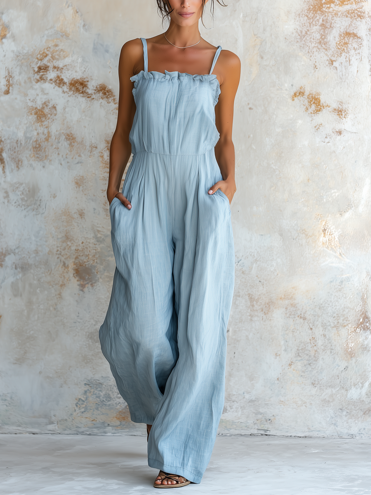 Light Blue Spaghetti Strap Wide-Leg Jumpsuit