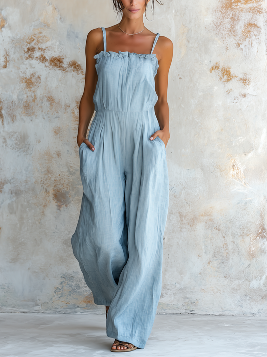 Light Blue Spaghetti Strap Wide-Leg Jumpsuit