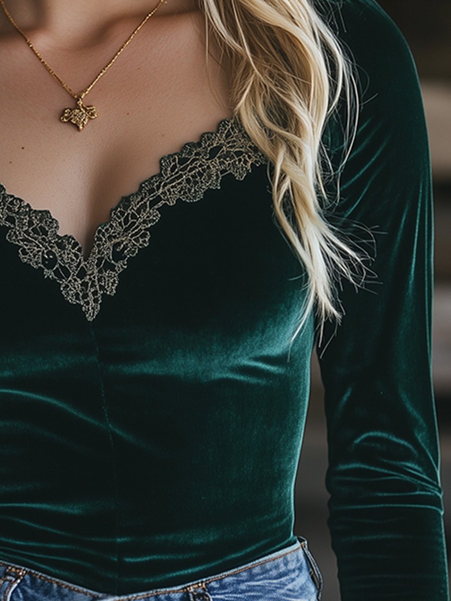 (clearance)v-Neck Velvet Lace Slim-Fit Long-Sleeved Shirt