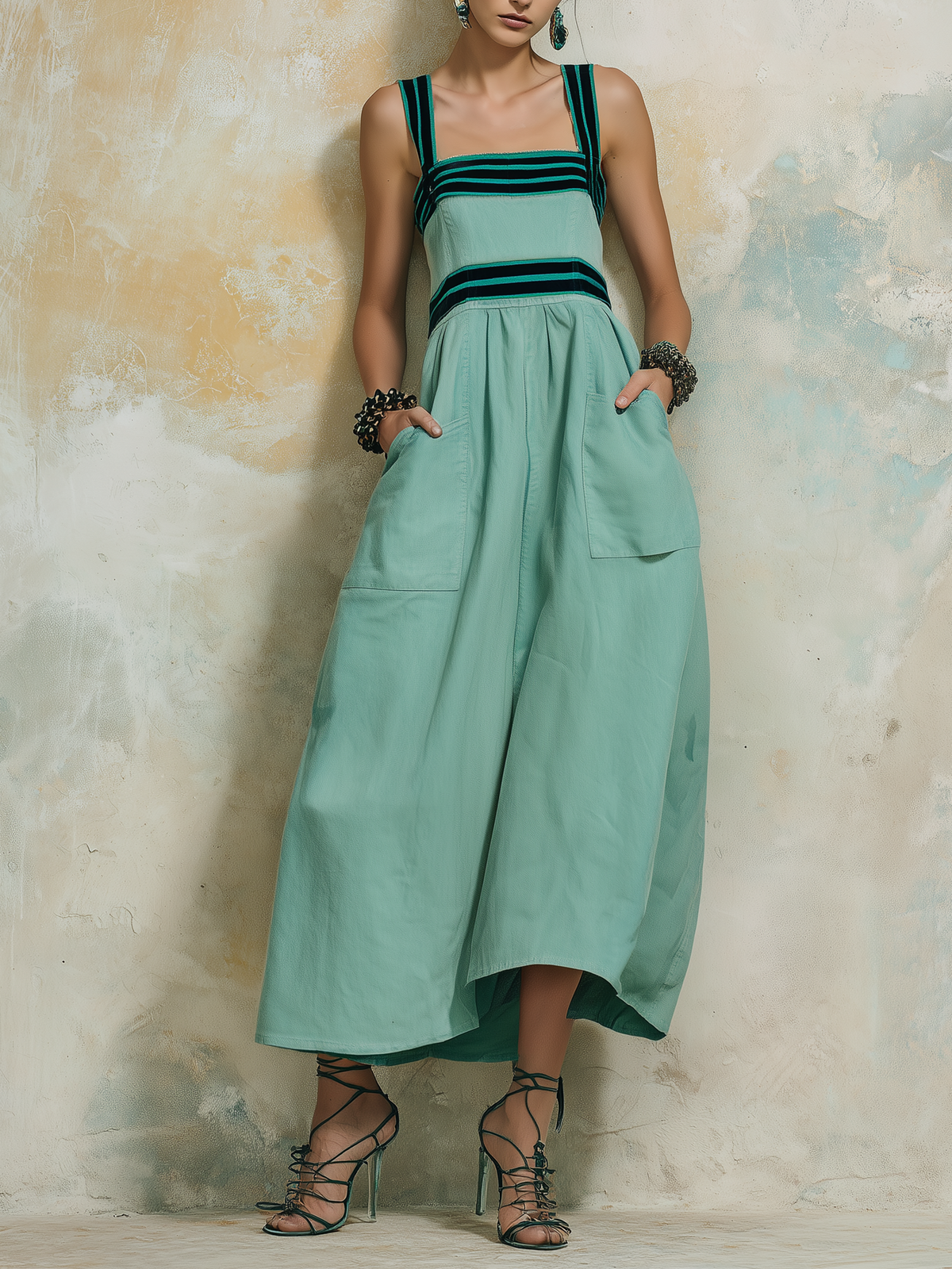 Mint Green Denim Square Neck Midi Dress with Contrast Stripes and Pockets