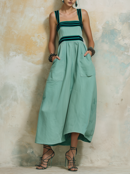 Mint Green Denim Square Neck Midi Dress with Contrast Stripes and Pockets