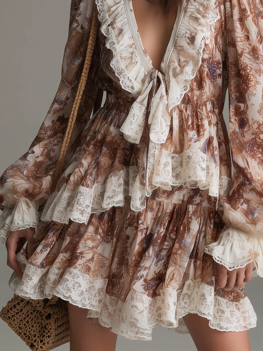 Bohemian Double-Layered Ruffled Mini Dress with Lace Trim