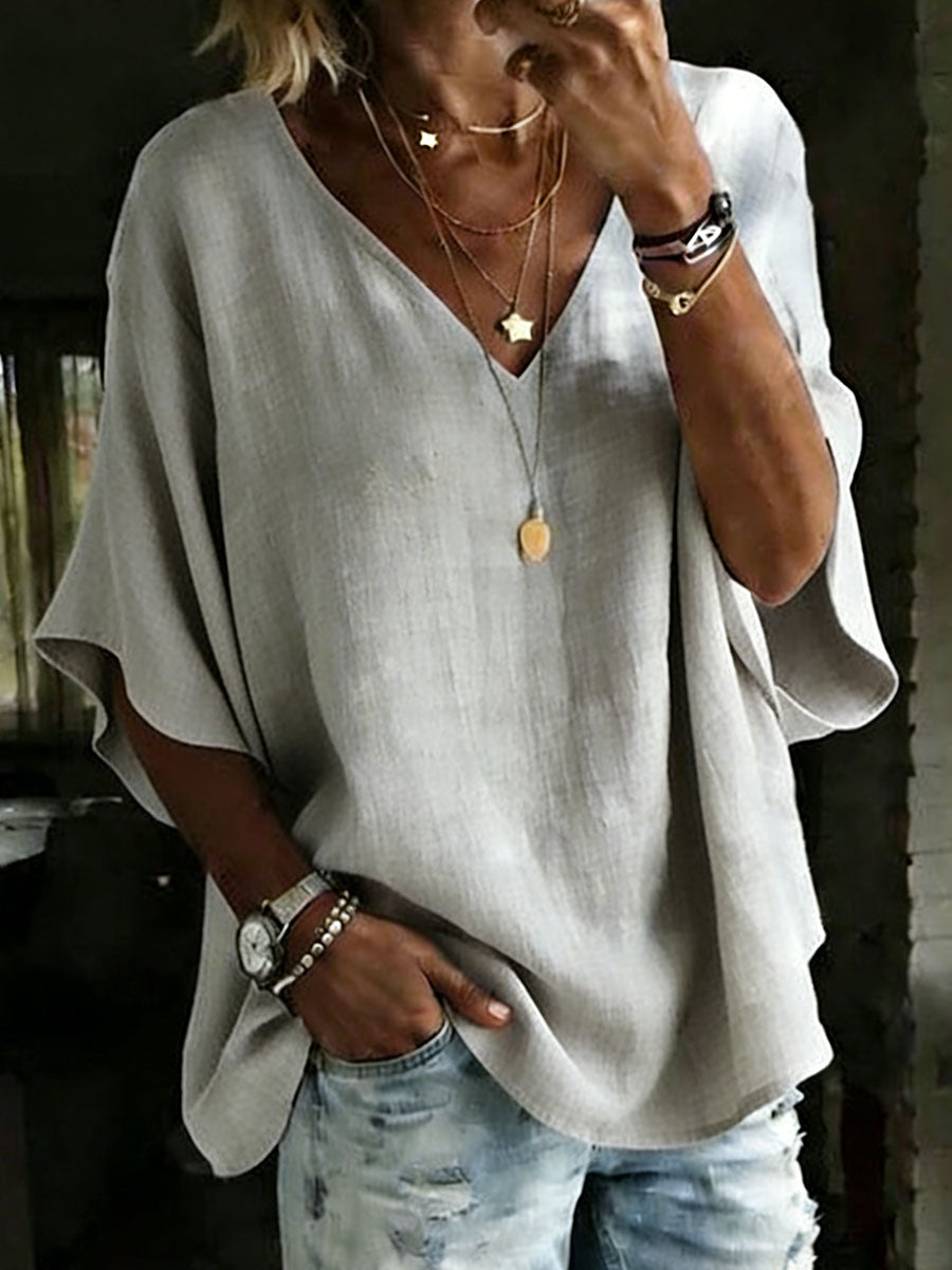 100% Cotton Classic Loose Fit V-Neck Dolman Sleeve T-Shirt