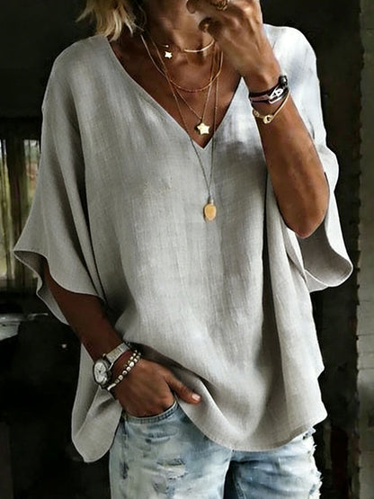 100% Cotton Classic Loose Fit V-Neck Dolman Sleeve T-Shirt