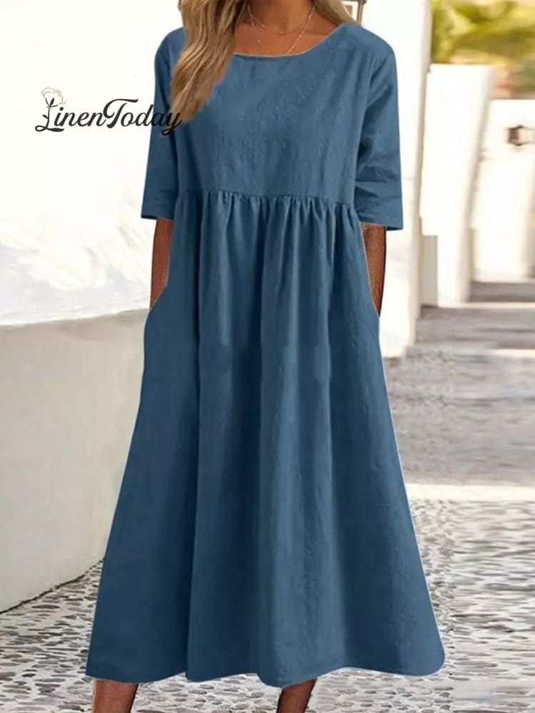 Cotton and Linen Casual Short-Sleeve Pocket Pleated Loose Round Neck Dress