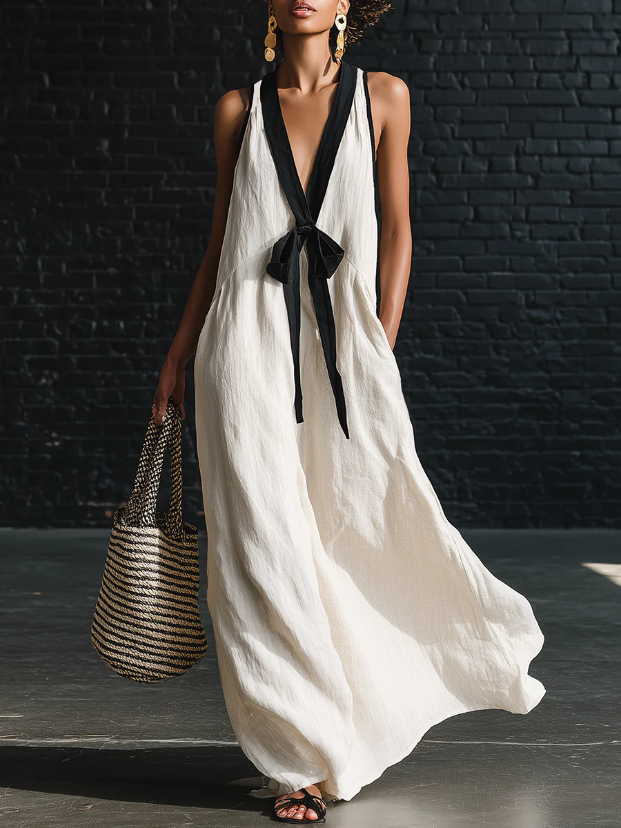 Classic Elegant Color-Blocked Tie-Neck Maxi Dress