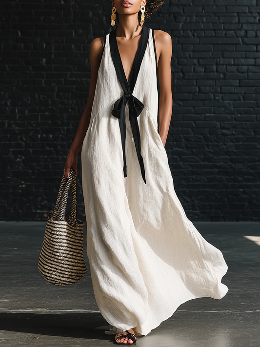Classic Elegant Color-Blocked Tie-Neck Maxi Dress