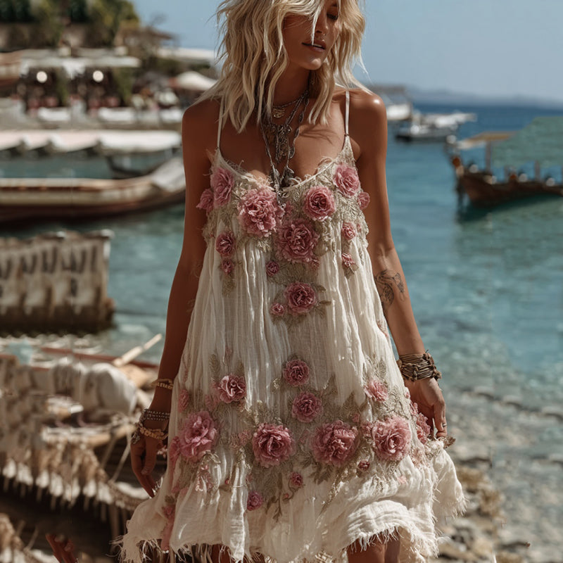 Vintage Floral Embroidery Art Comfy Linen Mini Dress