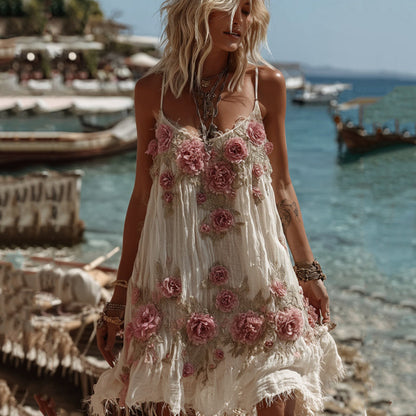 Vintage Floral Embroidery Art Comfy Linen Mini Dress