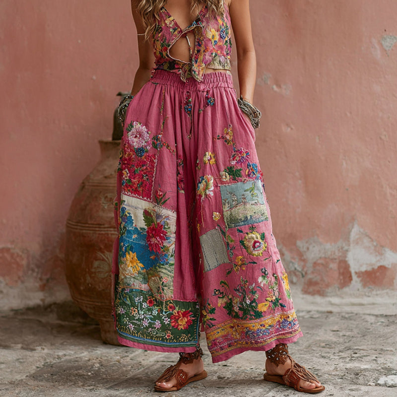 Vintage Bohemian Floral Embroidery Print Linen Blend Pants