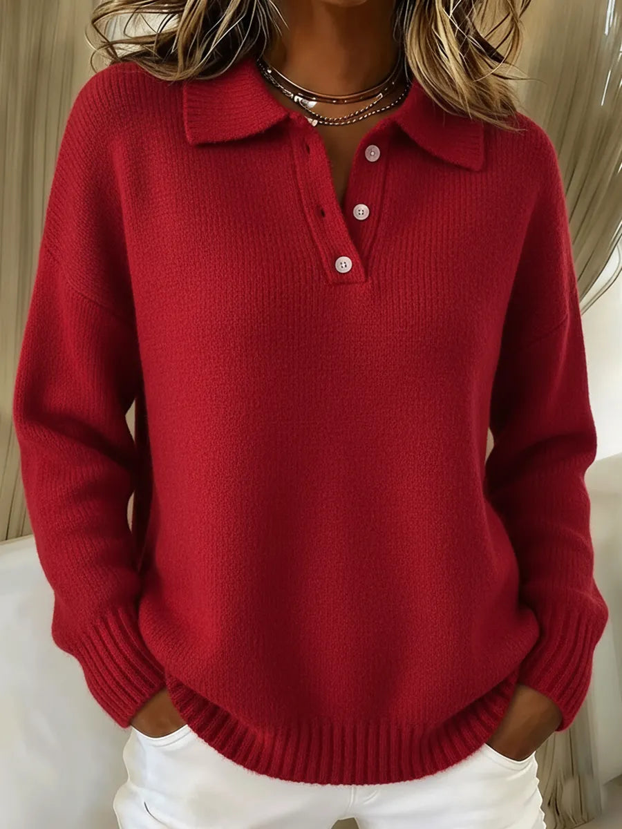 Classic Polo Neck Button-Down Solid Color Sweater Top
