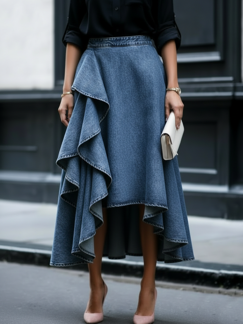Ruffled Denim Skirt with Elegant Tiered Casual Style