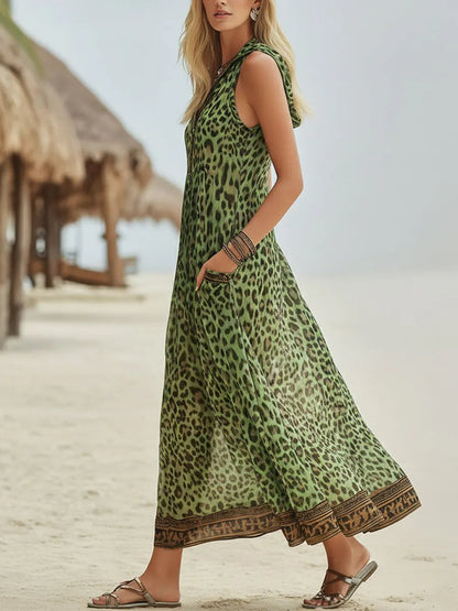 Retro Casual Green Leopard Print Art Hooded Midi Dress