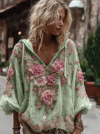 Vintage Floral Embroidery Warm V-Neck Hoodie