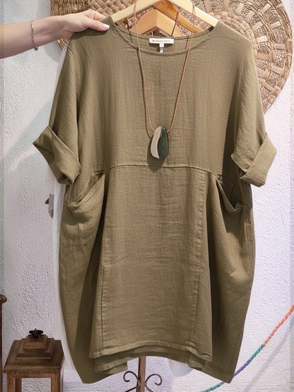 Linen and Cotton Round-Neck Dress