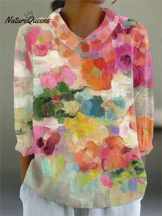 Floral Art Print Casual Cotton and Linen 3/4-Sleeve Shirt