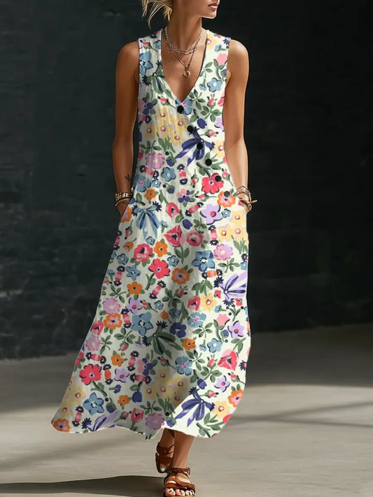 Floral Pattern Art Print Casual Cotton Linen Dress