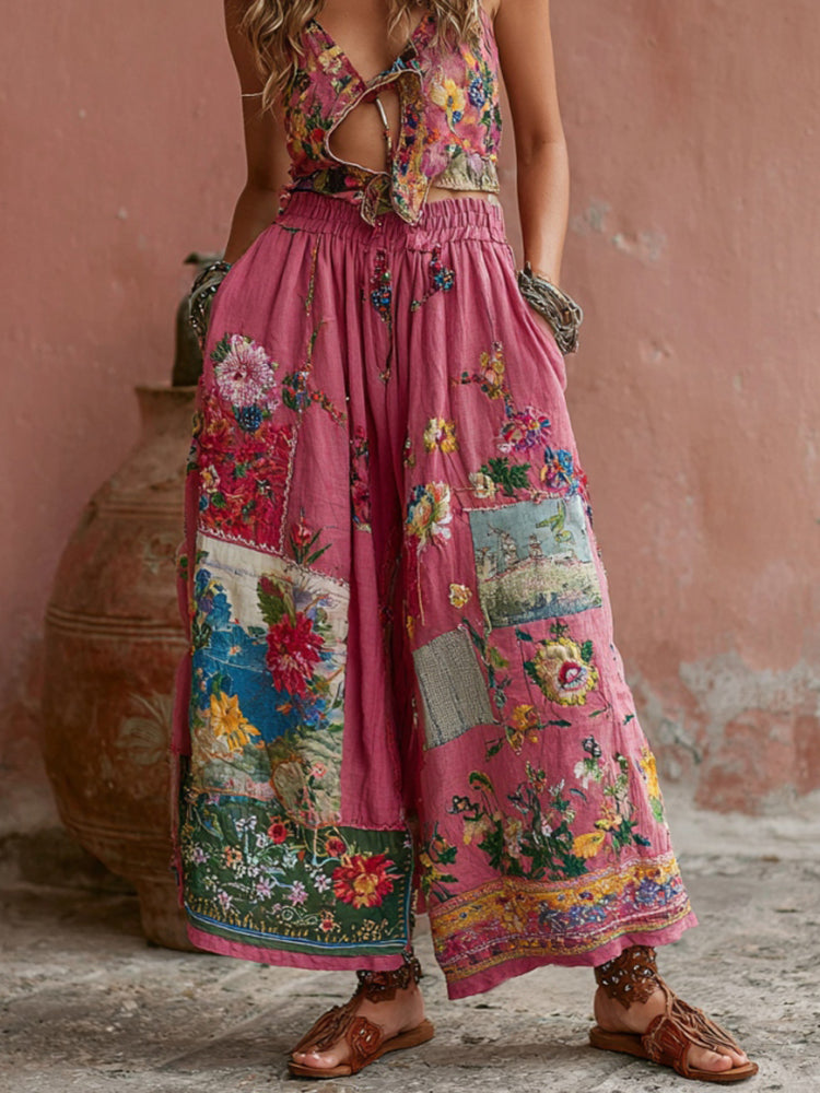 Vintage Bohemian Floral Embroidery Print Linen Blend Pants
