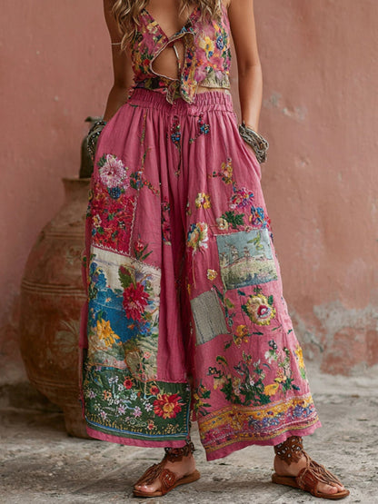 Vintage Bohemian Floral Embroidery Print Linen Blend Pants