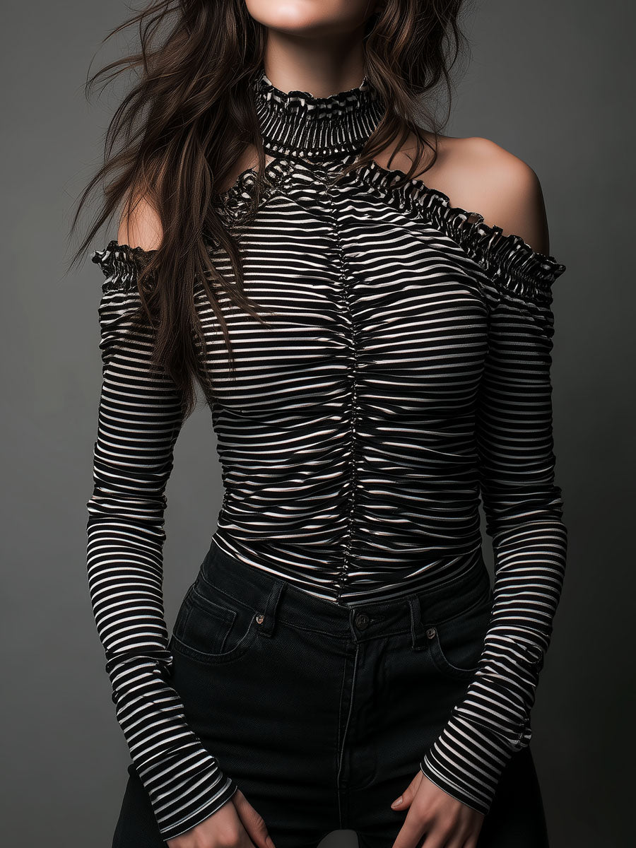 Classic High Neck Striped Cold-Shoulder Ruched Top