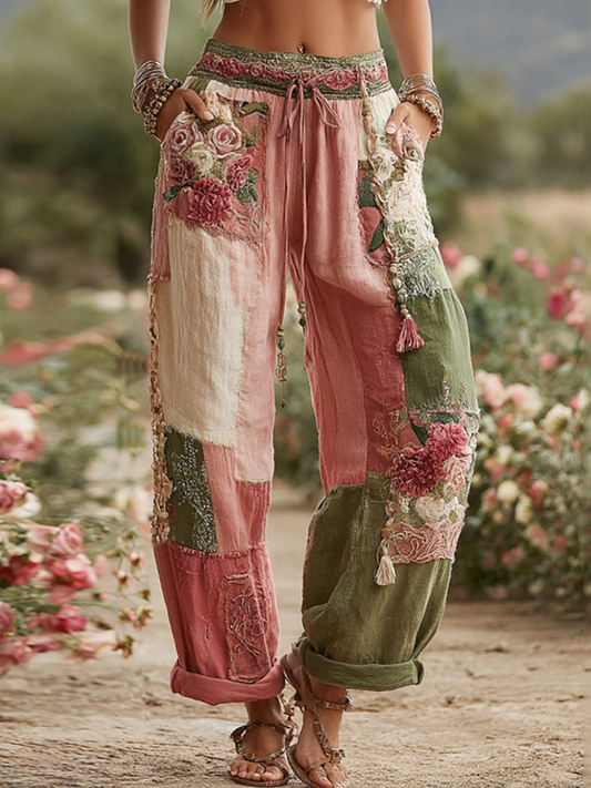 Love and Health Collection Retro Rose and Floral Patchwork Art Linen Pants