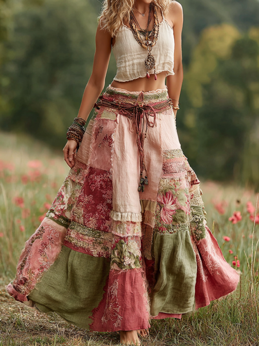 Vintage Boho Rose Floral Patchwork Art Flowy Casual Linen Skirt