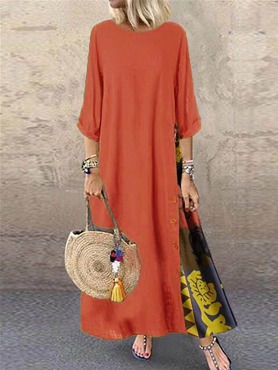 Retro Floral Contrast Button Patchwork Cotton and Linen Casual Dress