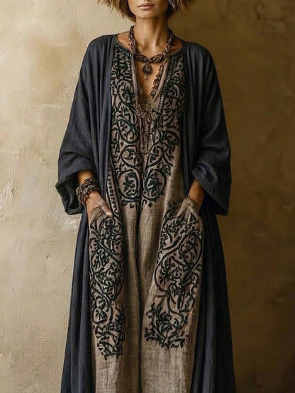 Bohemian Vintage Printed Cotton-Linen Two-Piece Set