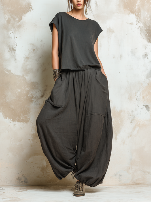 Dark Grey Oversized Linen Blend Harem Pants and Cap Sleeve Top Set