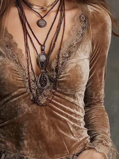 Vintage Light Brown Velvet Lace Trim Long-Sleeve Top